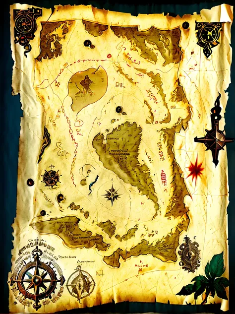 (strange treasure map:1.5),treasure map,((pirate treasure map from indiana jones)),((parchment map:1.6)),(treasure map),medieval map,undone edges,aged paper,worn edges,yellowed and torn paper,holes in paper,nautical symbols,intricate detail,cartography,orn...