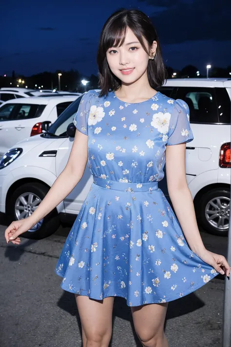 be familiar with,sharp lines,highest quality, masterpiece、Night parking lot、dark light、Canon Photo Crystal Clear ,（realistically:1.2）, (Light blue floral pattern casual mini skirt dress)、action pose、Take a full body photo、lazy smile、glamorous figure、Medium...