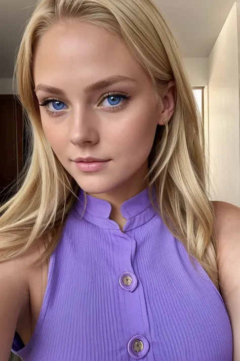 sexy blonde girl with blue eyes, selfie of a young woman, without makeup, natural makeup, looking directly at the camera in purple dress