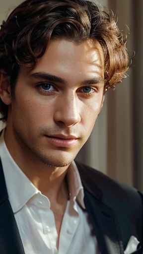 "(best quality, masterpiece:1.2), ultra-detailed, clear and sharp focus, perfect face, man with curly hair, tall and athletic build, piercing blue eyes, wearing a sleek and tailored formal attire, blonde hair adding a touch of sophistication, with a sun-ki...