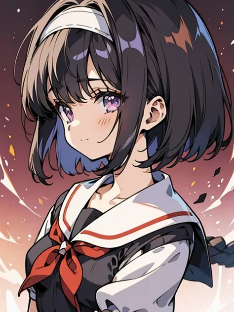 （highest quality），（very detailed），（enlightenment）, black hair, Anime adult woman wearing a sailor suit, navy blue sailor uniform, anime style, 2D rendering of an anime adult woman, realistic young anime adult woman, Smooth anime CG art, （headband）, smile, ...