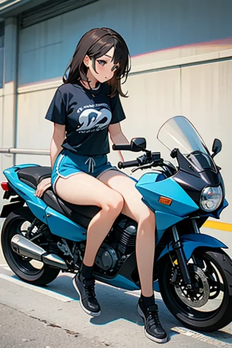 a girl sitting on motorcycle saddle cushion, dolphin shorts,