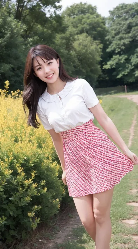 detailed,clear lines,best quality, master piece、scenic valley、bright light、Canon Photo Crystal Clear ,（realistically:1.2）, (Red dot pattern casual mini skirt dress)、action pose、Take a full body photo、A sloppy smile、Glamour body type、medium long hair