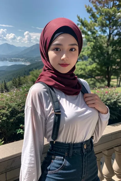 long tshirt Outfit, (RAW photo, Materpiece, Best Quality), Flower Mountain, Landscape view, Galaxy style, on the skies wave, Modelling Posing, Clothes that are covered and polite, long-sleeved Hijab clothes, look polite and elegant, ((Best Quality Hijab Ha...