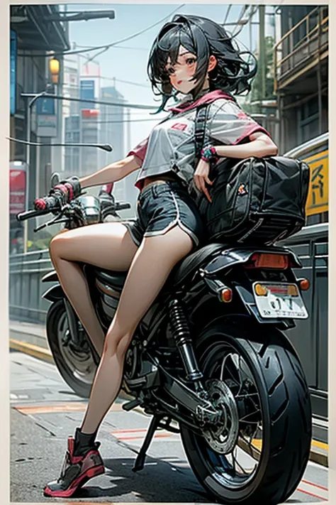 a girl sitting on motorcycle saddle cushion, dolphin shorts,