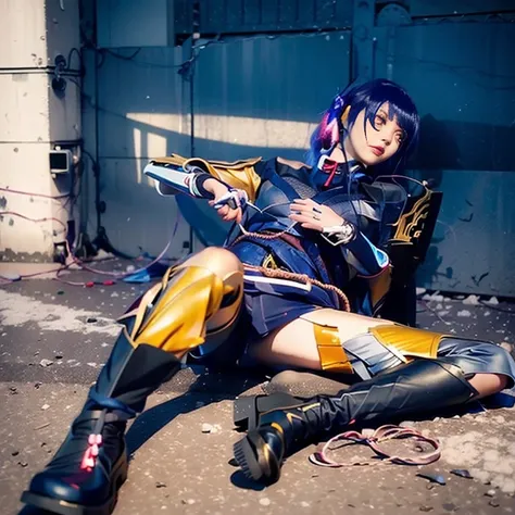 Arafe woman sitting on the ground wearing a blue shirt and black boots, anime girl cosplay, professional cosplay, anime cosplay, Inspired by Ren Mei, cosplay photo, cosplay, ayaka cosplay, league of legends senna, full-cosplay, realistic cosplay, pharah fr...