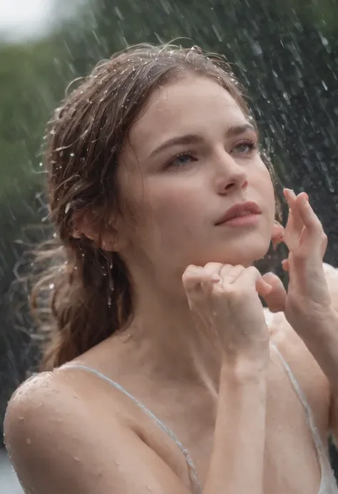 a close-up shot of the girl’s face, capturing the raindrops on her skin and the intensity of her emotions as she dances in the rain