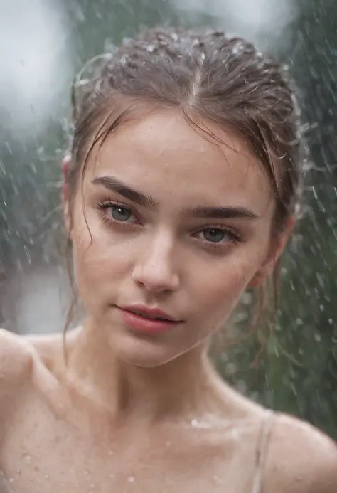 a close-up shot of the girl’s face, capturing the raindrops on her skin and the intensity of her emotions as she dances in the rain