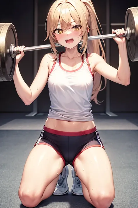 Marisa Kirisame, gym, yellow tank top, white shorts, sweat, high precision, highest quality, high image quality, pretty, cute, long blonde hair, yellow eyes, ponytail, small breasts, sweat dripping, showing teeth Laughing, training, exercise clothes, dynam...