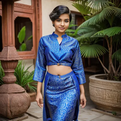 A portrait of a young beautiful girl, under cut hair style, "slim with curves", Indian batik outfit, establishing shot, an glamorous, elegant and sophisticated style, in the style of a {randomly selected} well-known photographer.
