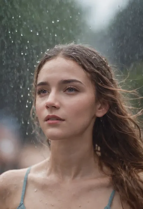 a close-up shot of the girl’s face, capturing the raindrops on her skin and the intensity of her emotions as she dances in the rain