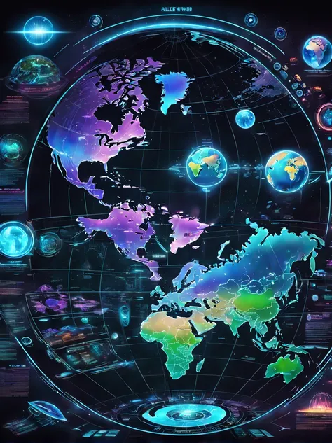 future world electronic map，electronic holographic projection map of alien high-tech civilization，light and shadow map，cyberpunk...