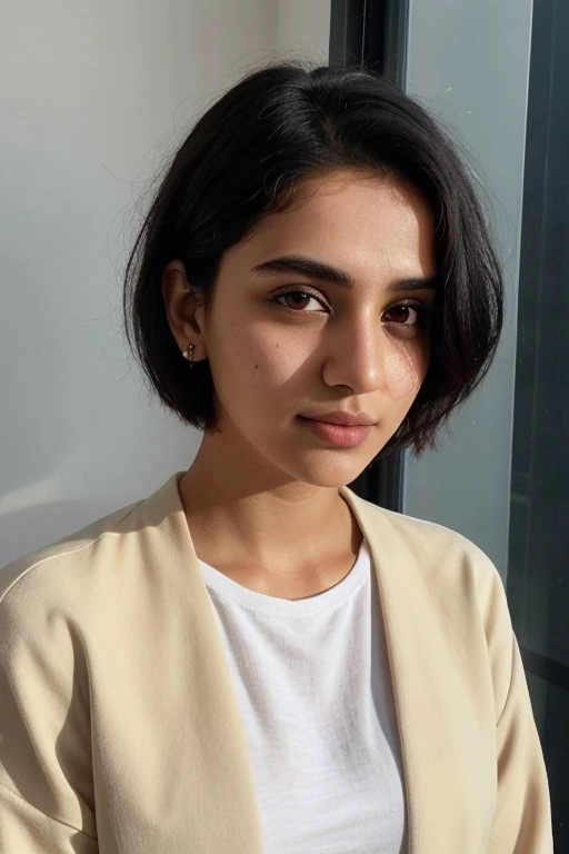 instagram photo, 21yo french woman, short hair, black hair, closeup portrait, pale, hard shadows. Increase the size of hair little bit and Make Indian Version realistic. Some pimples on face and dark spots. Wear Black colour jacket and White t shirt. Take ...