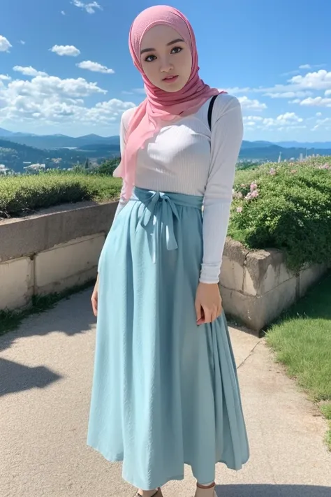 long tshirt Outfit, (RAW photo, Materpiece, Best Quality), Flower Mountain, Landscape view, Galaxy style, on the skies wave, Modelling Posing, Clothes that are covered and polite, long-sleeved Hijab clothes, look polite and elegant, ((Best Quality Hijab Ha...