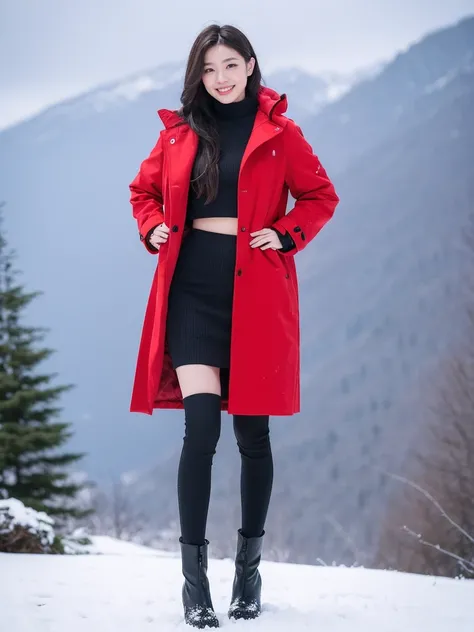 detailed,clear lines,best quality, master piece、on a snowy mountain、Canon Photo Crystal Clear ,（realistically:1.2）, (Red coat、black mini skirt)、White short boots、Sassy pose、Take a full body photo、A sloppy smile、Glamour body type、medium long hair