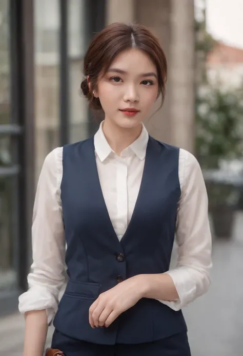 British woman in a suit、23 year old beautiful woman、Full body photo of a beautiful woman standing、she&#39;s wearing squirrel ears、hyper quality、High definition、real、photorealism、16k、4k、cinematic、white shirt、navy blue vest、Dark blue pants、navy blue setup、Ha...