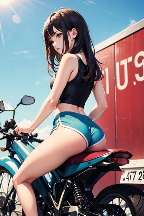 a girl straddling motorcycle saddle cushion, dolphin shorts,
