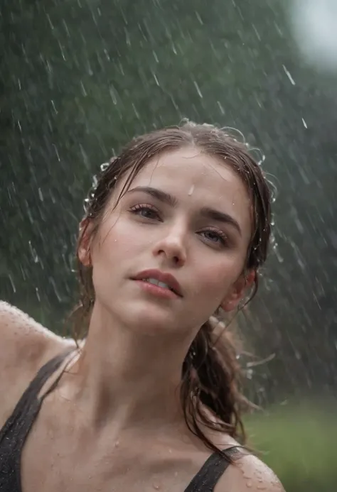 a close-up shot of the girl’s face, capturing the raindrops on her skin and the intensity of her emotions as she dances in the rain