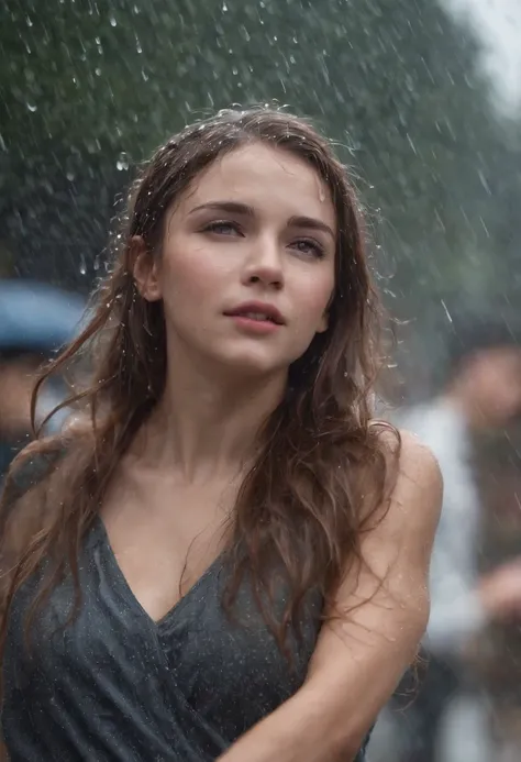 a close-up shot of the girl’s face, capturing the raindrops on her skin and the intensity of her emotions as she dances in the rain