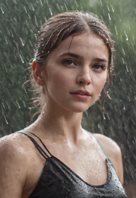 a close-up shot of the girl’s face, capturing the raindrops on her skin and the intensity of her emotions as she dances in the rain