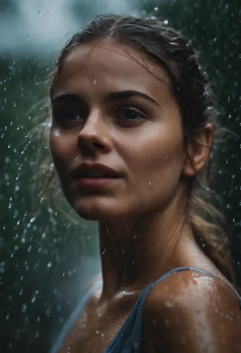 a close-up shot of the girl’s face, capturing the raindrops on her skin and the intensity of her emotions as she dances in the rain