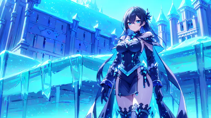 (A woman standing before a castle made of ice. The environment is cold and full of ice. The sky is dark.:1.2)

(She is holding a teal, frozen dagger.:1.2)
The woman has long black hair. Front hair covering her right eye.
She has blue scarf. She has blue bo...