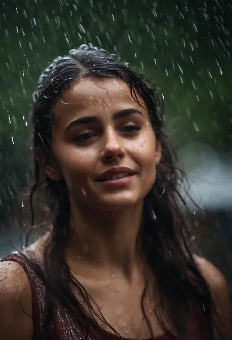 a close-up shot of the girl’s face, capturing the raindrops on her skin and the intensity of her emotions as she dances in the rain