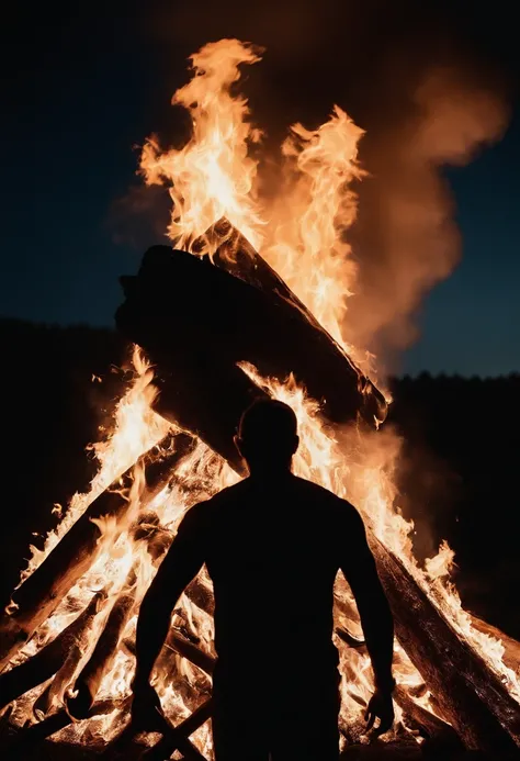 a silhouette shot of someone or something against the backdrop of a roaring bonfire, highlighting the contrast between the dark figure and the intense brightness of the fire