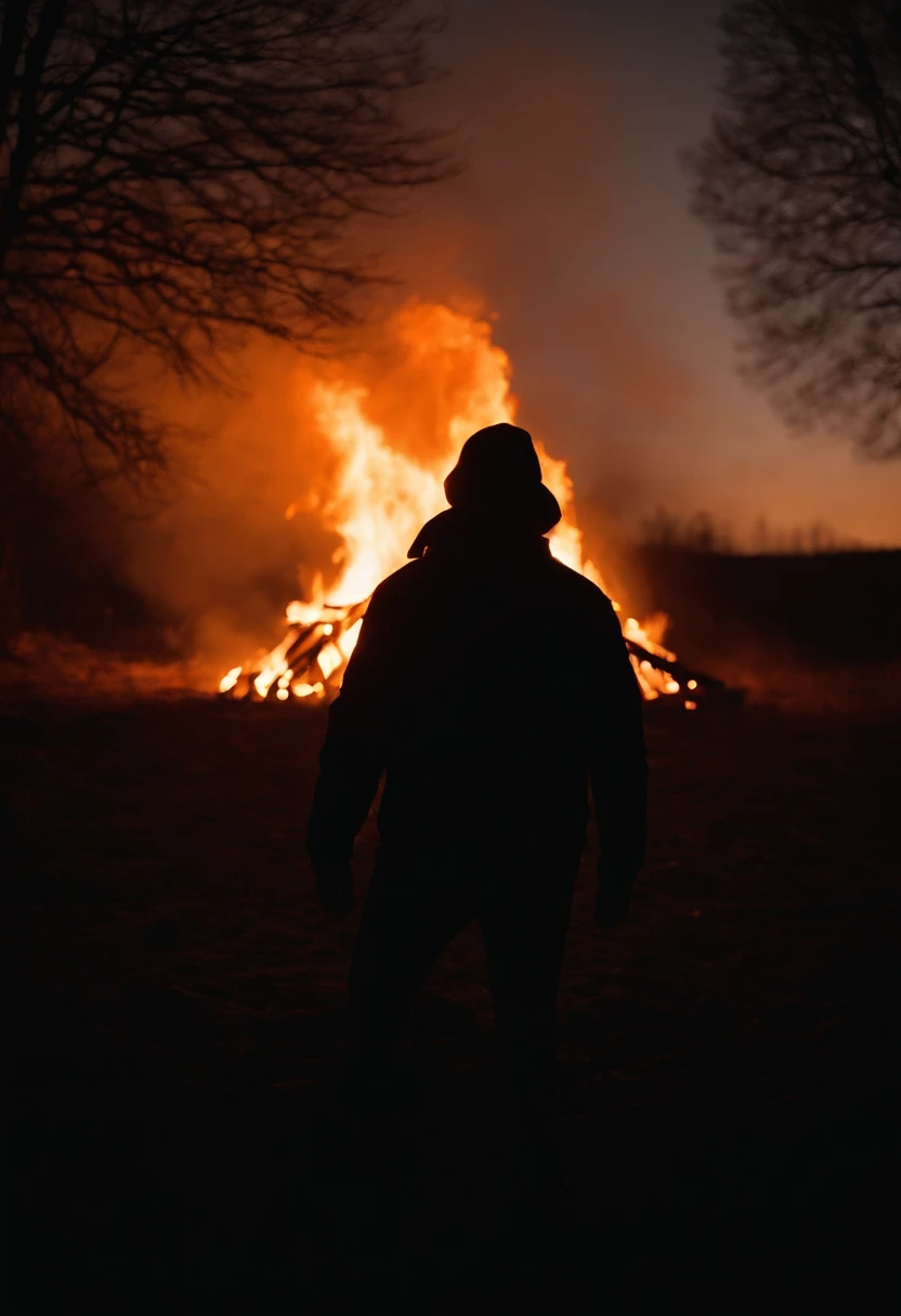 a silhouette shot of someone or something against the backdrop of a roaring bonfire, highlighting the contrast between the dark figure and the intense brightness of the fire