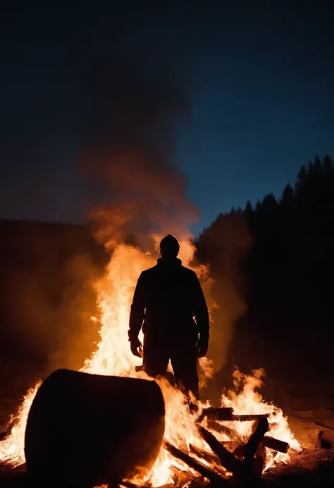 a silhouette shot of someone or something against the backdrop of a roaring bonfire, highlighting the contrast between the dark figure and the intense brightness of the fire