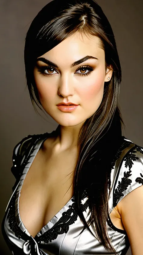 sasha grey as classy top model  wearing edgJG_style clothing, magical, crisp, smooth, attractive look; design centered around the models eyes, classy and elegant, fashion background