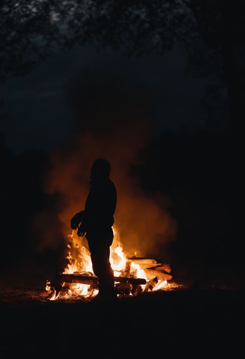 a silhouette shot of someone or something against the backdrop of a roaring bonfire, highlighting the contrast between the dark figure and the intense brightness of the fire