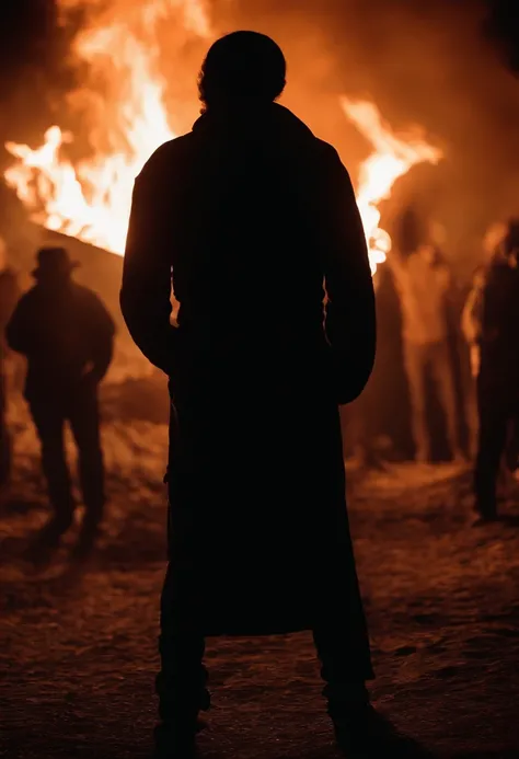 a silhouette shot of someone or something against the backdrop of a roaring bonfire, highlighting the contrast between the dark figure and the intense brightness of the fire