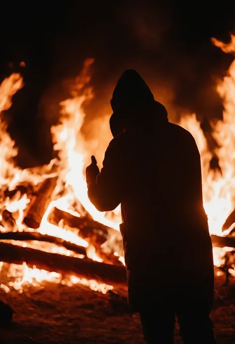 a silhouette shot of someone or something against the backdrop of a roaring bonfire, highlighting the contrast between the dark figure and the intense brightness of the fire