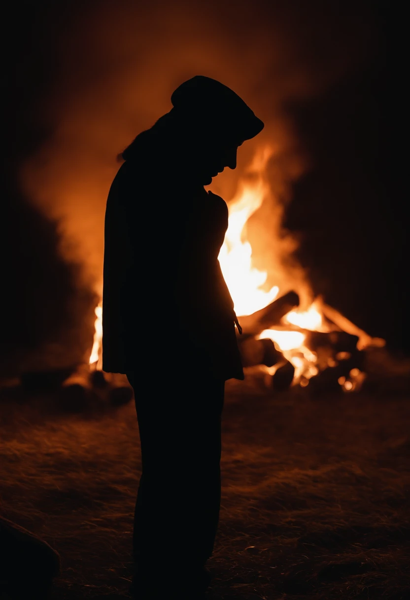 a silhouette shot of someone or something against the backdrop of a roaring bonfire, highlighting the contrast between the dark figure and the intense brightness of the fire