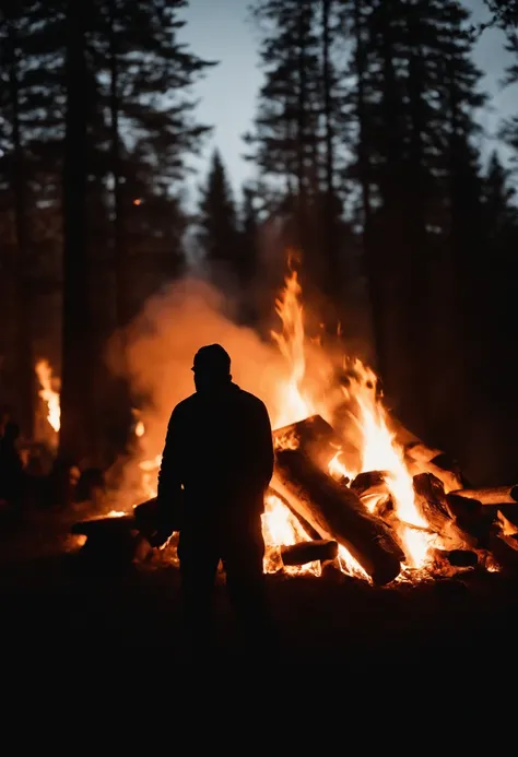 a silhouette shot of someone or something against the backdrop of a roaring bonfire, highlighting the contrast between the dark figure and the intense brightness of the fire