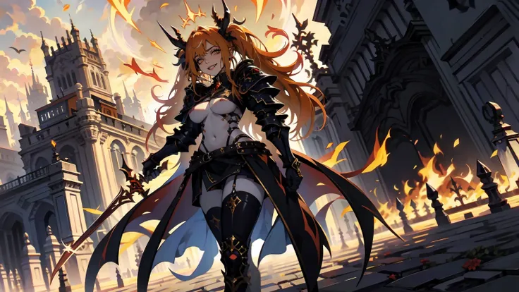 A woman standing before a city burning in flames. Her body is angled to the left.
(She is holding a flaming sword.:1.2)
The sky is dark from all the dark clouds that emmits from the flames.
The girl has twintails, really long, really white hair with long r...