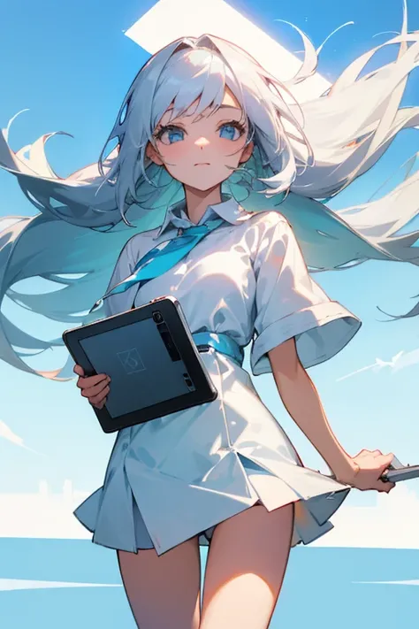 ((holding a tablet in left hand)),,White miniskirt fluttering in the wind,Sunny blue sky, one girl with long silver hair,, close up of face