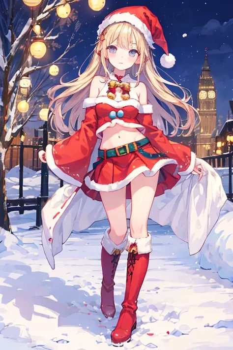 1 person, santa costume、skirt、17 years old、beautiful girl、Navel exposure、lots of snow、night、Full body Esbian、Are standing、knee high boots、Viewer-facing、(big breasts:0.5)、shiny skin