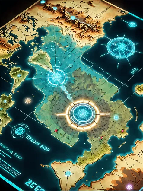 Future science fiction electronic map，High-tech civilization electronic holographic projection map，light and shadow map，Cyberpunk world projection map，(Weird treasure map:1.5)，Treasure map