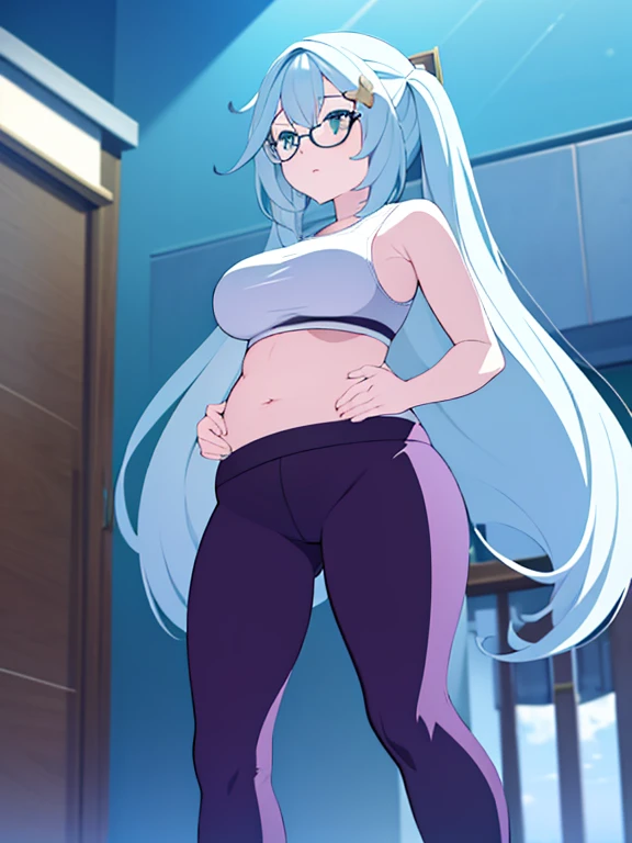 (Very high quality, detailed) An image of a full body pregnant girl with a round belly, long hair, very big breasts and a bubble butt. Shes standing barefoot with her hands on her belly and leaning back. Shes wearing a sports bra, very thight leggings and ...