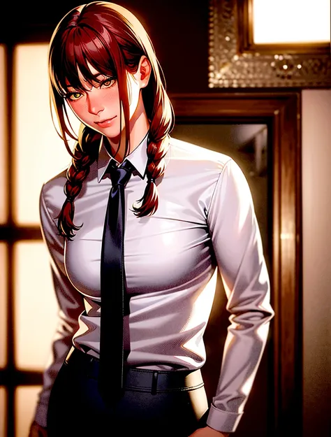 detailed shiny skin, (realistic, photo-realistic:1.4), a pretty girl, standing, looking out of window, white shirt, collared shirt, black necktie, black trousers, long sleeves, slight smile (nose blush), yellow eyes + ringed eyes, short hair + red hair + l...