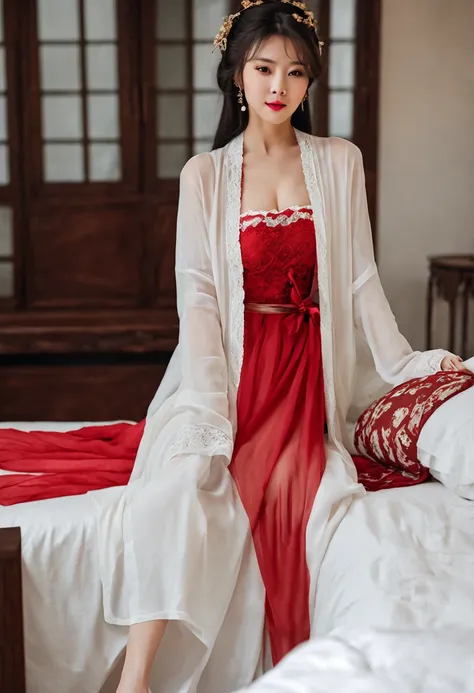 ((top-quality,​masterpiece:1.2,8K,Raw photography,portlate,Reality Photography,Beautiful bright dimming)),(((Bewitching beautiful adult woman,1girl in,22year old))),Smooth and perfect body,(((NONSFW,Luxury red lace lingerie dress,White cardigan,off shoulde...