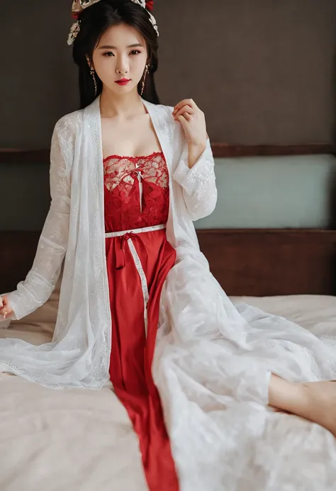 ((top-quality,​masterpiece:1.2,8K,Raw photography,portlate,Reality Photography,Beautiful bright dimming)),(((Bewitching beautiful adult woman,1girl in,22year old))),Smooth and perfect body,(((NONSFW,Luxury red lace lingerie dress,White cardigan,off shoulde...