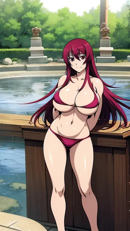 anime (Sekirei), adult lady , sexy (very big tits), actress (Matsu) , red eyes , red long hair that is hip / past length, bikini, Colleen Clinkenbeard, Carlotta Tinklegoatee, Carmen Smith , She took a hot bath at a public hot spring. 