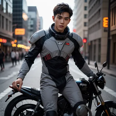 fking_scifi, black pilot suit with red accents, brown hair (gray eyes: 1.35), thai guy, handsome teenager, rides a cool motorcyc...