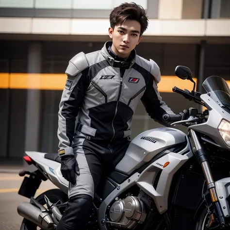 fking_scifi, black pilot suit with red accents, brown hair (gray eyes: 1.35), Thai guy, handsome teenager, rides a cool motorcycle, bokeh, mass effect, long distance, fullbody image fking_cinema_v2