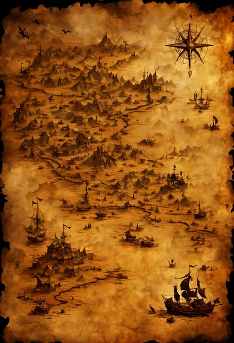 Old, burned up, treasure map 8k resolution, photoillustration, surrealism, volumetric lighting