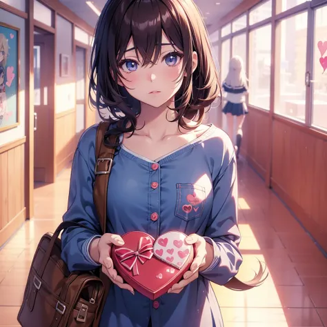 Anime girl holding a heart-shaped box in the hallway, beautiful anime high school girl, a hyperrealistic , Cute girl anime visual, cute anime girl, kawaii realistic portrait, anime style 4k, hyperrealistic, realistic , anime art wallpaper 8k, Smooth anime ...