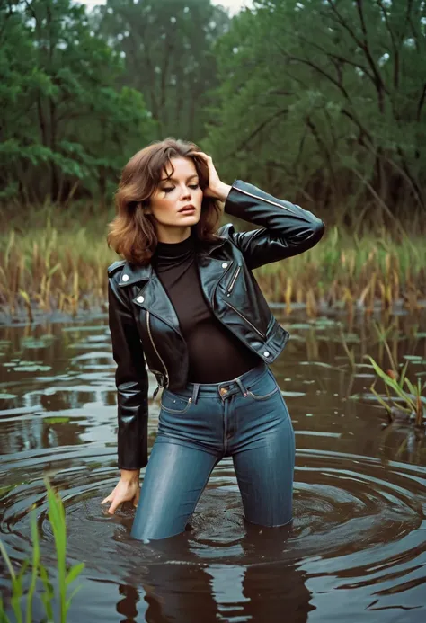 70s style shy woman in soaking wet high waisted flared jeans and leather jacket caught when indulging in her fetish while drowni...